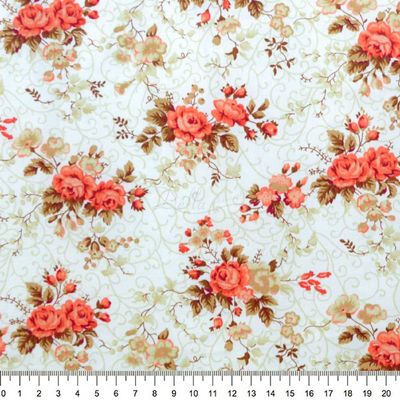 Tecido-Tricoline-Estampado-Floral-Fernanda-Coral-Fundo-Bege