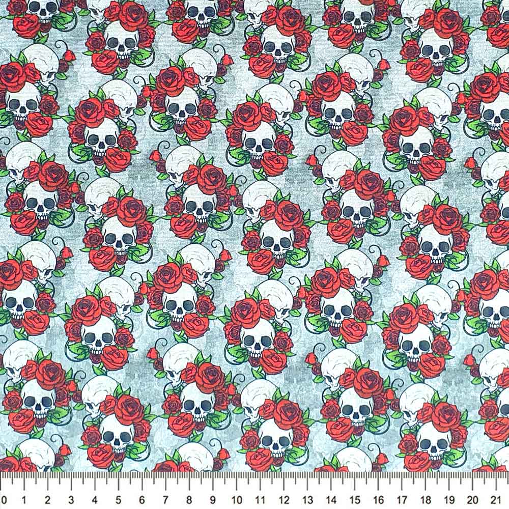 Tecido-Tricoline-Digital-Caveira-Rosas-Della-Aviamentos.