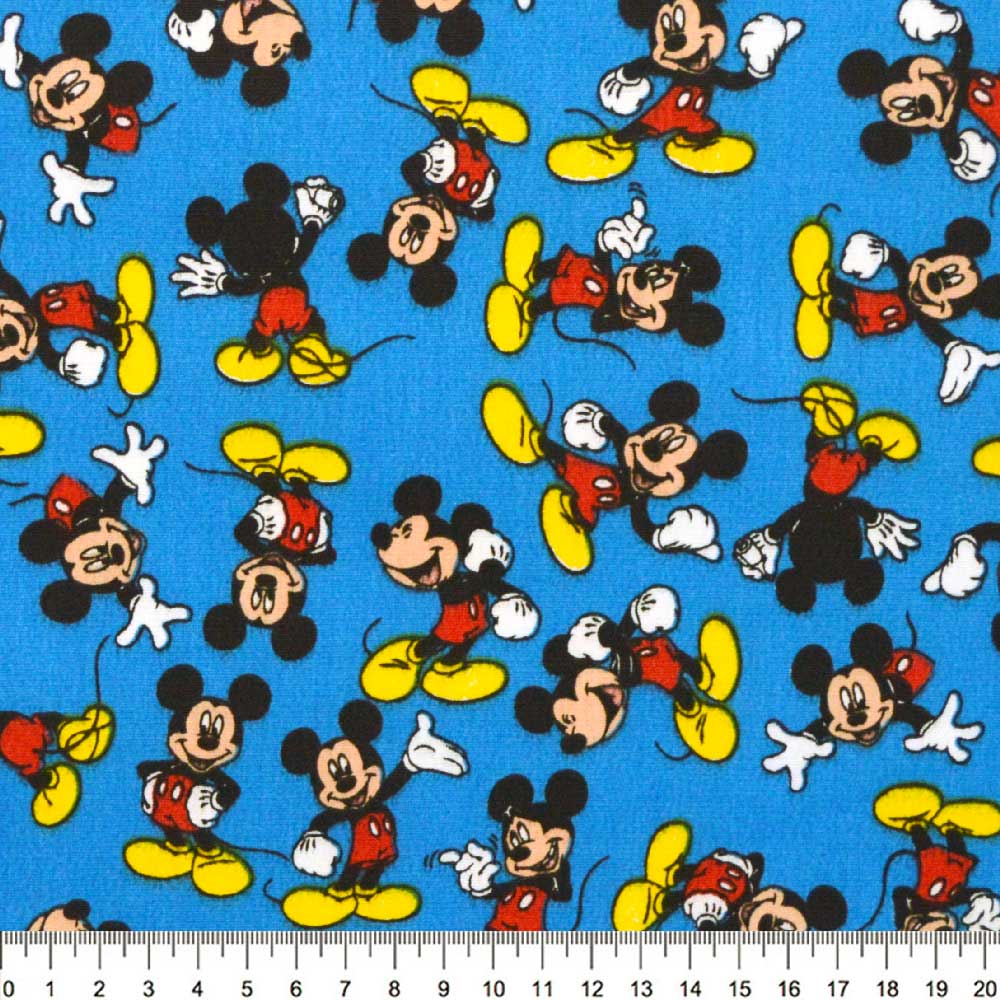 Tecido Tricoline Disney Mickey Mouse Fundo Azul - Della Aviamentos