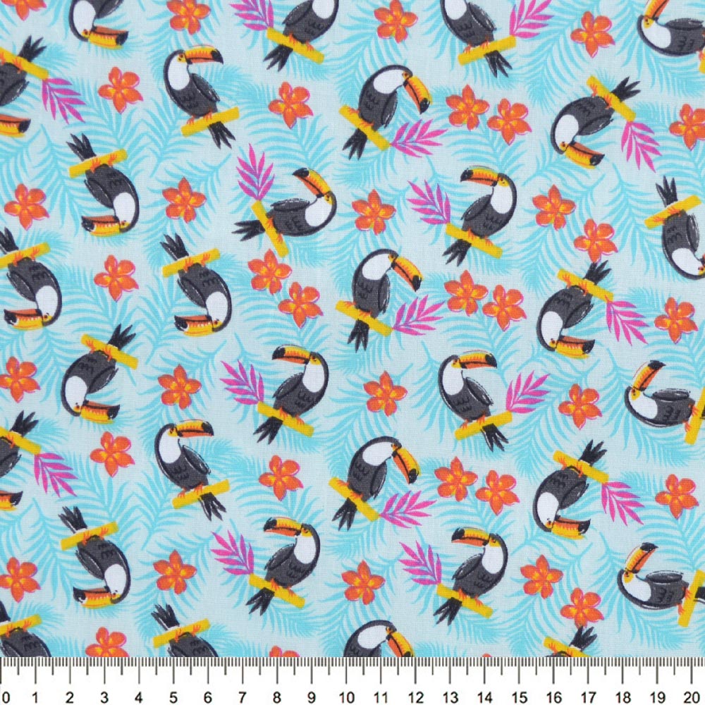 Tecido-Tricoline-Estampado-Animais-Tucano-Fundo-Azul-Della-Aviamentos-8724