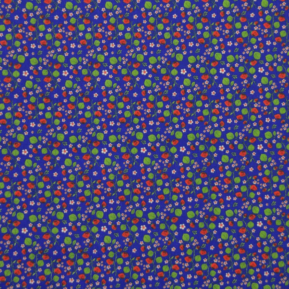 Tecido-Tricoline-Estampado-Floral-Morangos-Pequenos-Fundo-Azul-Royal-Della-Aviamentos