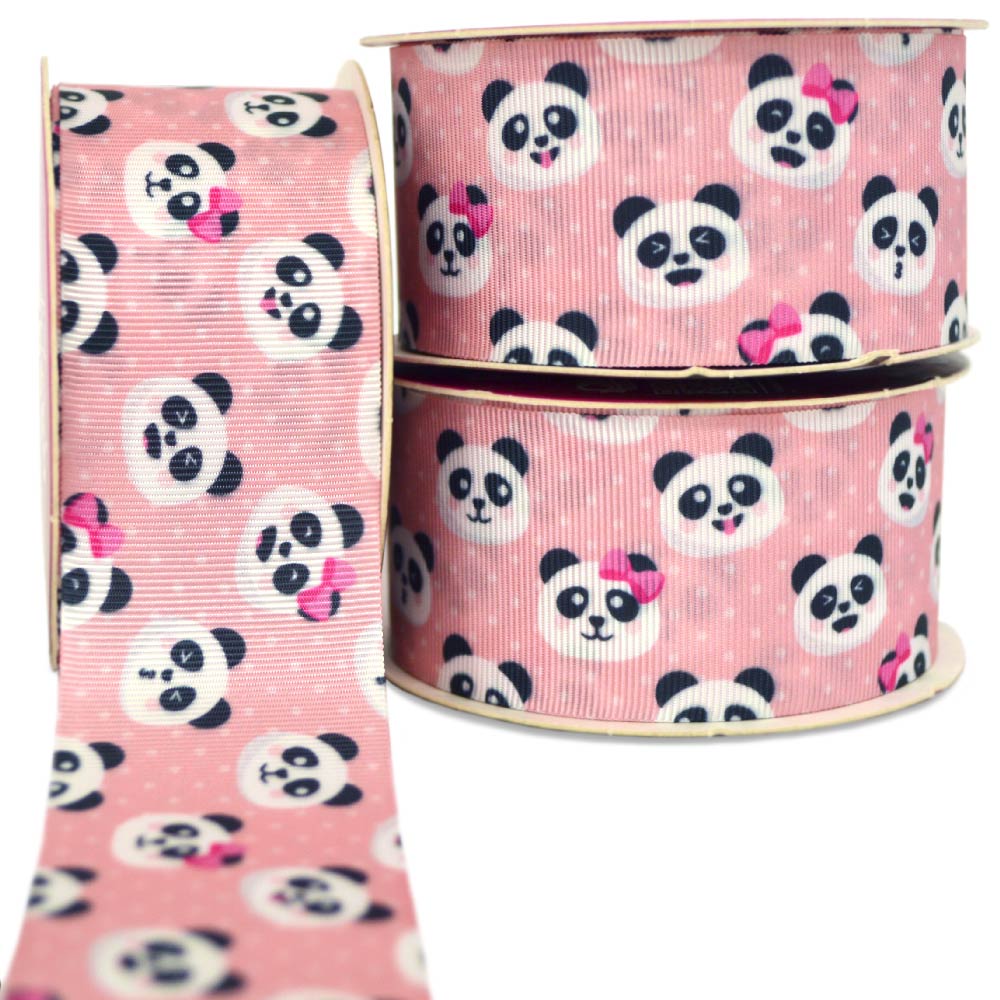 Fita-de-Gorgurao-Decorada-Progresso-38-mm-Rolo-de-10-metros-Cor-49-Panda-Fundo-Rosa-Capa-Della-Aviamentos