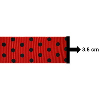 Fita-de-Gorgurao-Decorada-Progresso-38-mm-Rolo-de-10-metros-Cor-3-Poa-Preto-Fundo-Vermelho-Della-Aviamentos