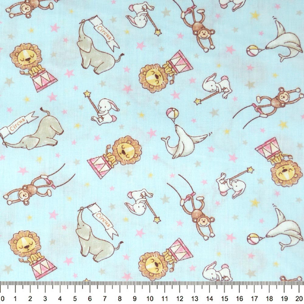 Tecido-Tricoline-Infantil-Animais-Acrobatas-Fundo-Azul-Com-Rosa