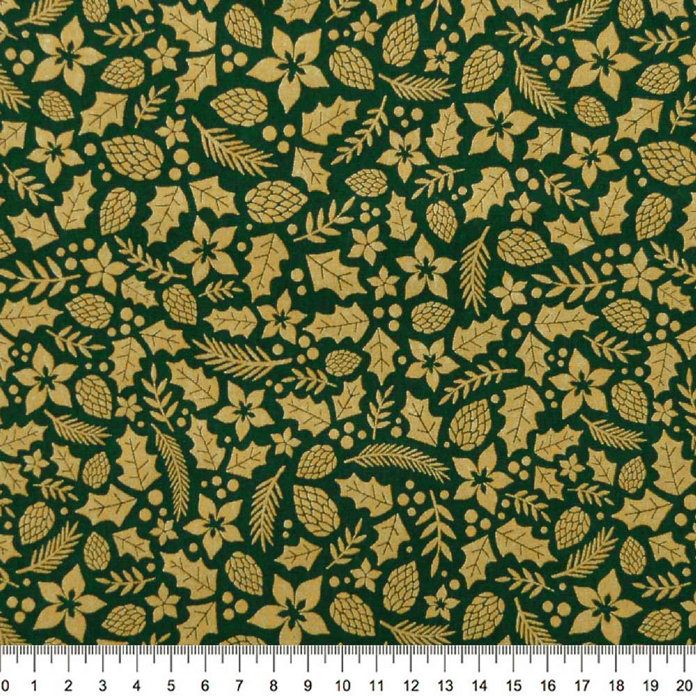 Tecido-Tricoline-Folhas-Douradas-Natalinas-Fundo-Verde-Della-Aviamentos-9694.