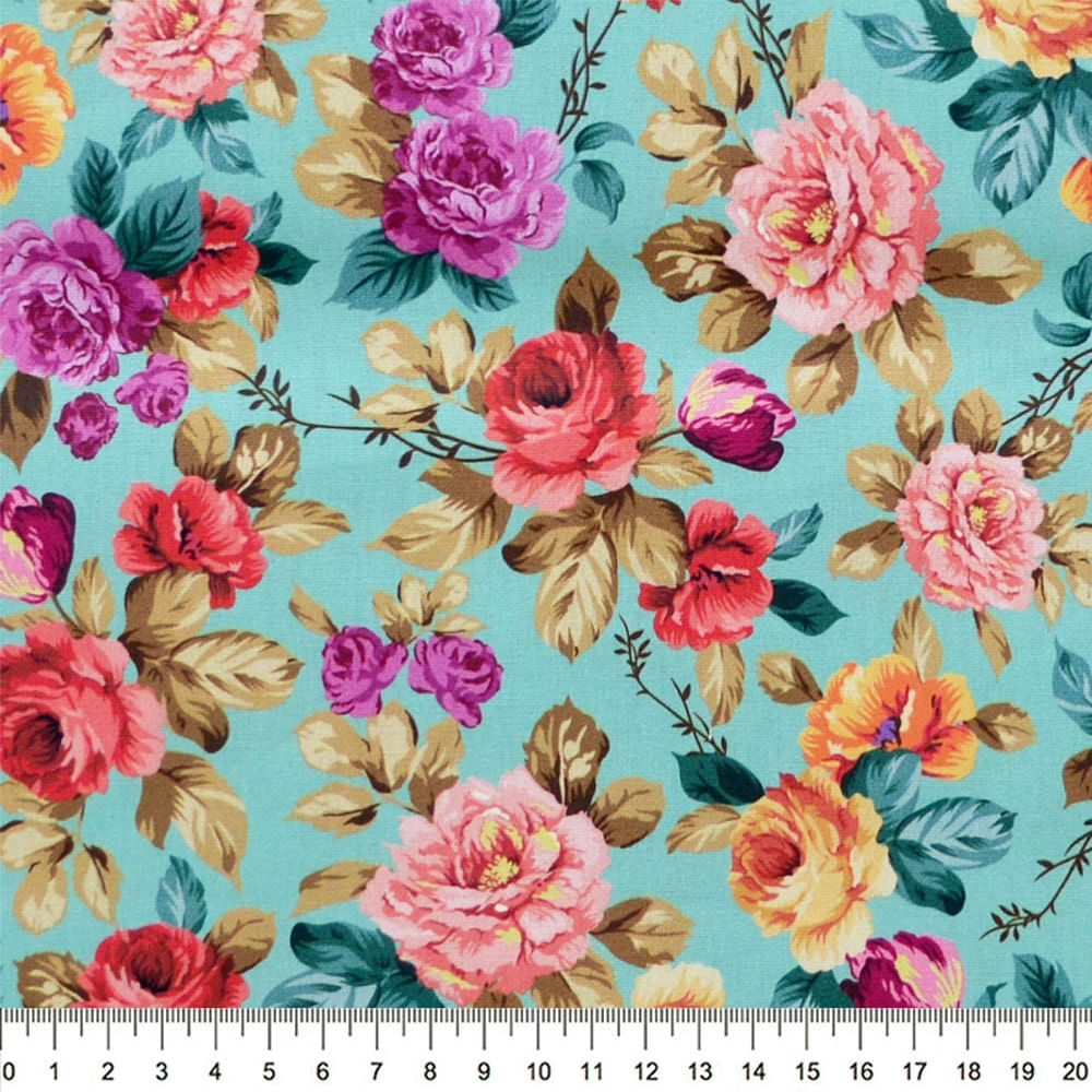 Tecido-Tricoline-Floral-Rosas-Coloridas-Fundo-Verde-Tiffany-Della-Aviamentos-10392.