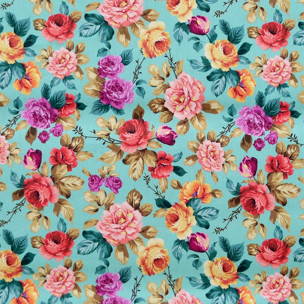 Tecido-Tricoline-Floral-Rosas-Coloridas-Fundo-Verde-Tiffany-Della-Aviamentos-10392