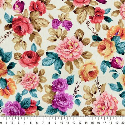 Tecido-Tricoline-Floral-Rosas-Coloridas-Fundo-Bege-Della-Aviamentos-10393.