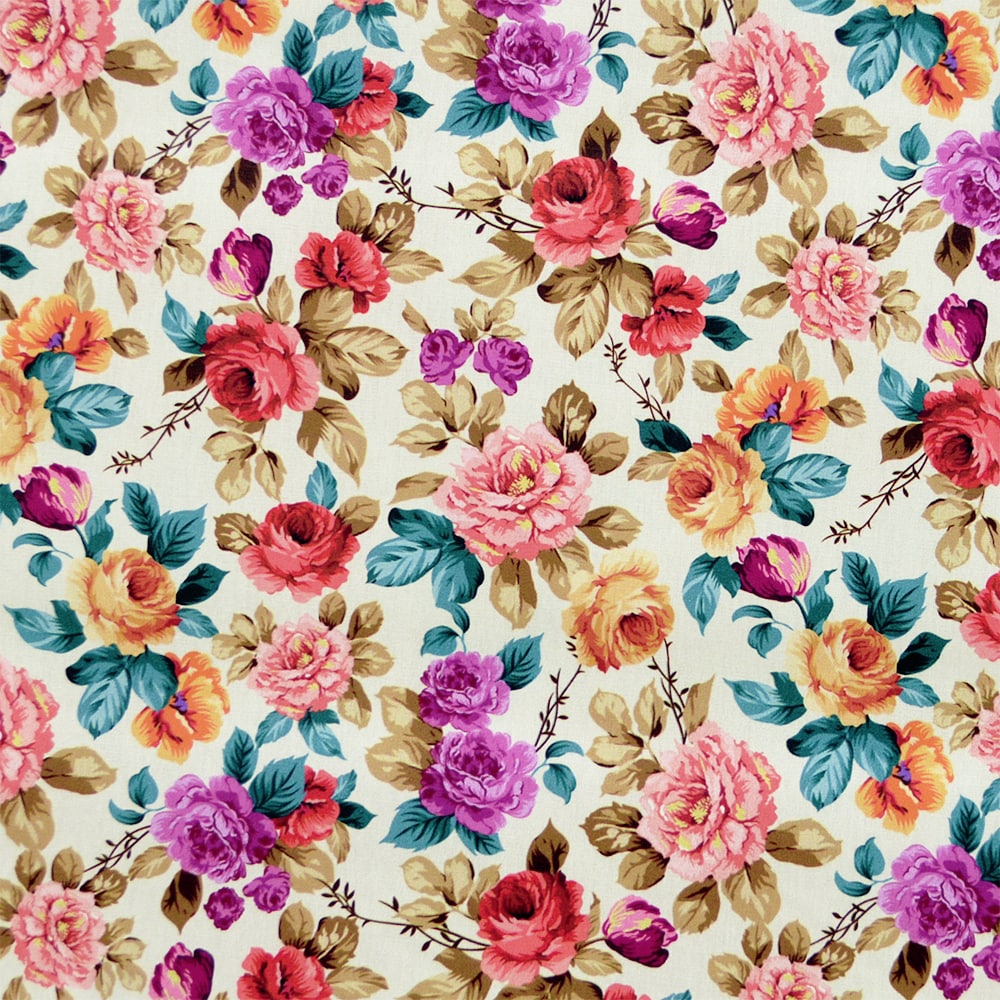 Tecido-Tricoline-Floral-Rosas-Coloridas-Fundo-Bege-Della-Aviamentos-10393