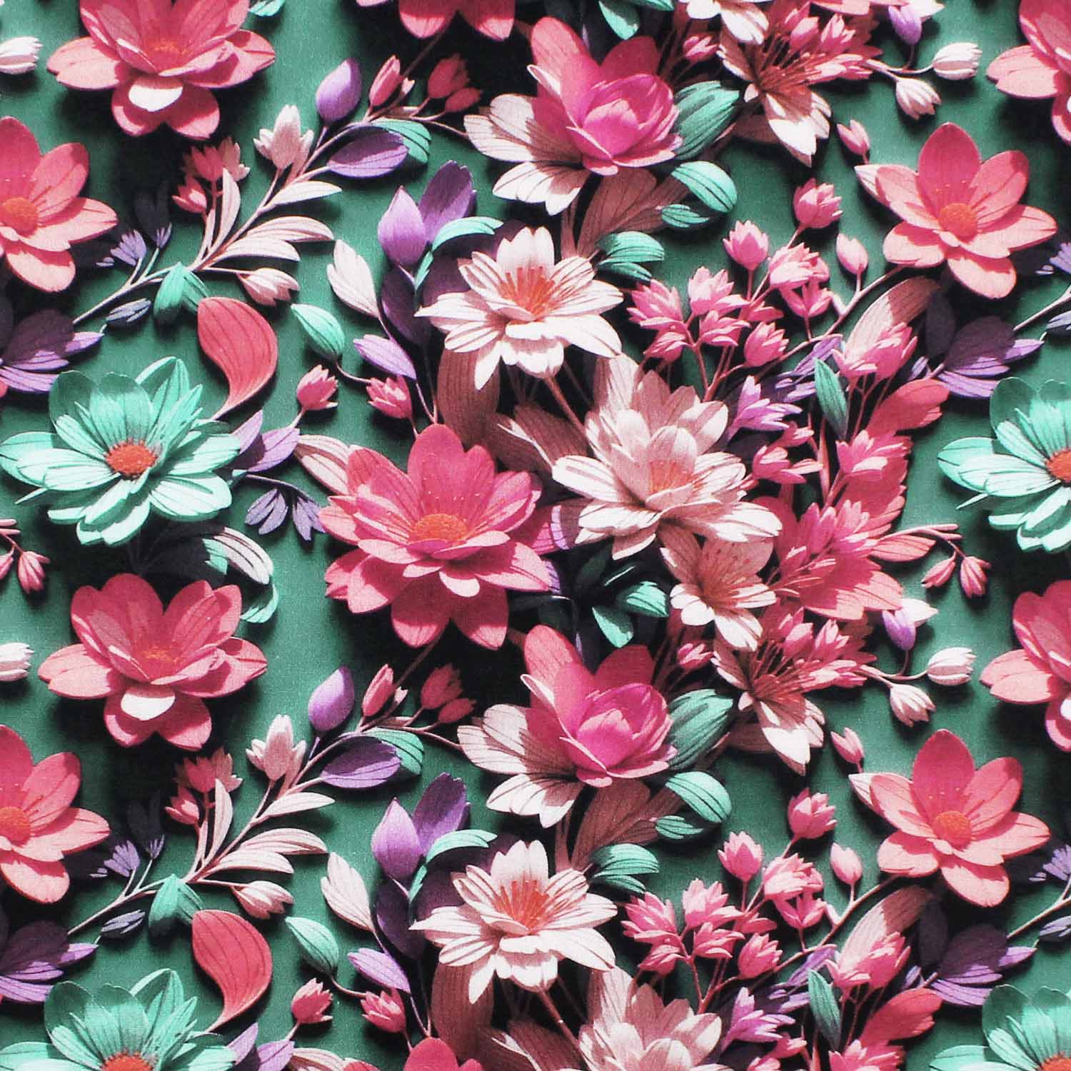 tecido-tricoline-digital-3d-flores-rosa-fundo-verde-della-aviamentos-10905