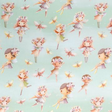 tecido-tricoline-meninas-fadas-fundo-verde-agua-30cm-11290 tecido-tricoline-meninas-fadas-fundo-verde-agua-30cm-11290
